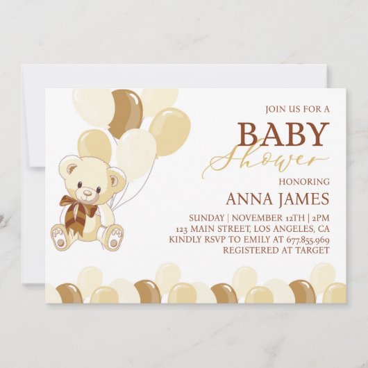 Bruine teddybeer uitnodiging teddyBaby shower (Voorkant)