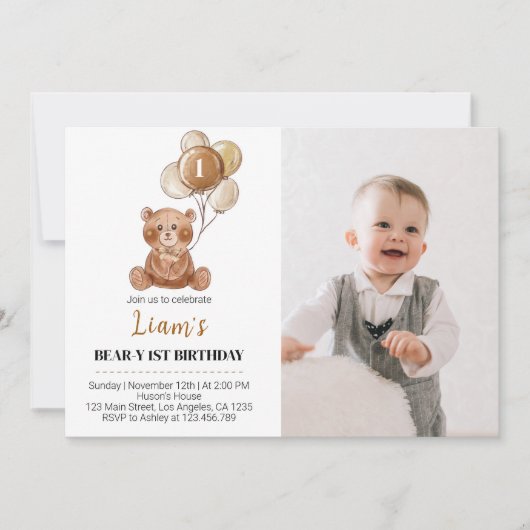 Bruine teddybeer verjaardagsuitnodiging beer ballo bedankkaart (Voorkant)