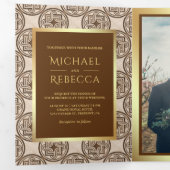 Bruine Tegels Patroon Faux Gouden Folie Foto Bruil Drieluik Uitnodiging (Binnenzijde eerst)