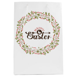 Bruine tekst Pasen en kleurrijke bloemenkrans Medium Cadeauzakje