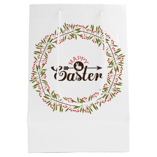 Bruine tekst Pasen en kleurrijke bloemenkrans Medium Cadeauzakje (Achterkant)