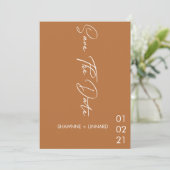 Bruine Terracotta Boho Script Bewaar de Datum Foto Kaart (Staand voorkant)