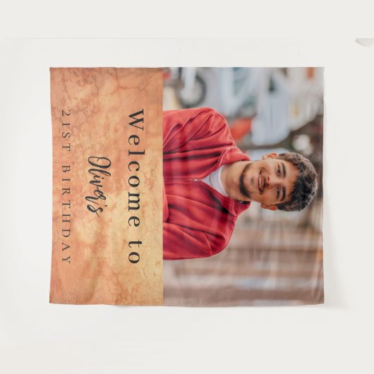 Bruine terracotta muur foto verjaardag welkom wandkleed (Voorkant (horizontaal))