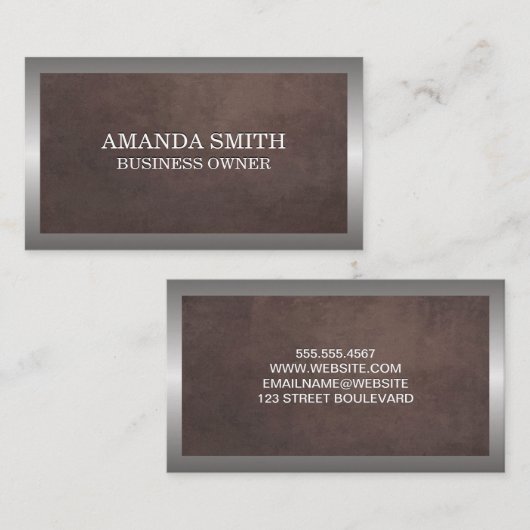Bruine textuur | Zilveren frame metaalachtig Visitekaartje (Voorkant / Achterkant)
