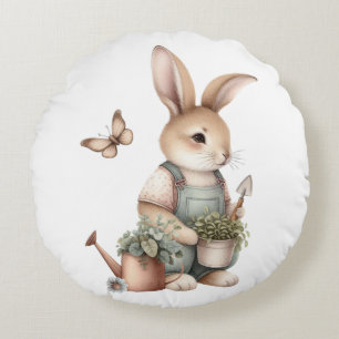 Bruine Tuin Bunny in Overalls Rond Kussen