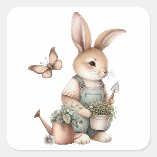 Bruine Tuin Bunny in Overalls Vierkante Sticker (Voorkant)