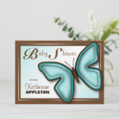 Bruine Turquoise Butterfly Baby Shower Uitnodiging (Staand voorkant)