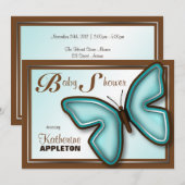 Bruine Turquoise Butterfly Baby Shower Uitnodiging (Voorkant / Achterkant)
