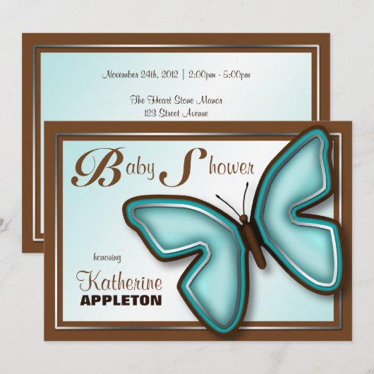 Bruine Turquoise Butterfly Baby Shower Uitnodiging (Voorkant / Achterkant)