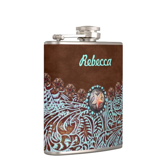 bruine turquoise westerse country cowgirl bruidsme heupfles (Rechts)