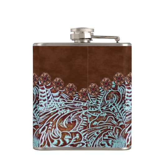 bruine turquoise westerse country cowgirl bruidsme heupfles (Achterkant)