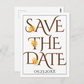 Bruine typografie, rozen vallen bruiloft Save the Briefkaart (Voorkant / Achterkant)