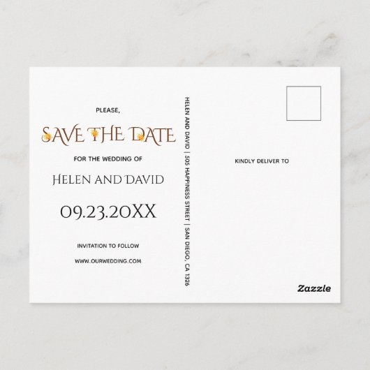 Bruine typografie, rozen vallen bruiloft Save the  Briefkaart (Achterkant)
