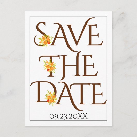 Bruine typografie, rozen vallen bruiloft Save the Briefkaart (Voorkant)