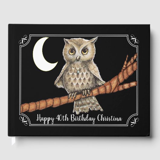  Bruine Uil Blauw Ketting Maan Wit Lijst Gastenboek (Voorkant)