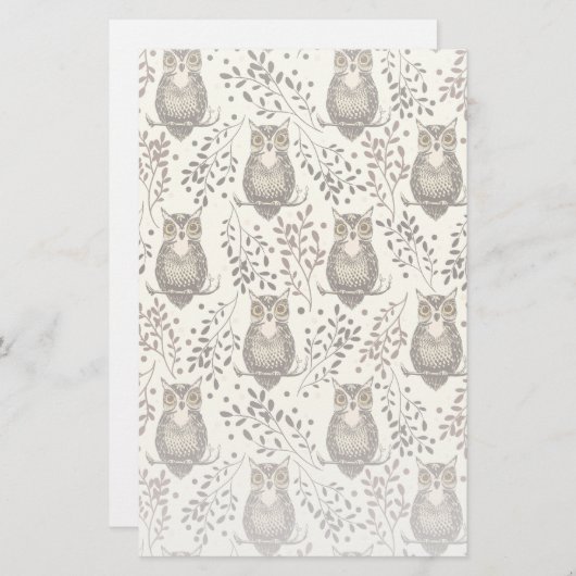 Bruine Uil Geïllustreerd Bospatroon Briefpapier (Voorkant / Achterkant)
