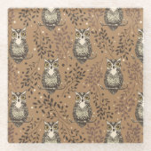 Bruine Uil Geïllustreerd Bospatroon Glazen Onderzetter (Voorkant)