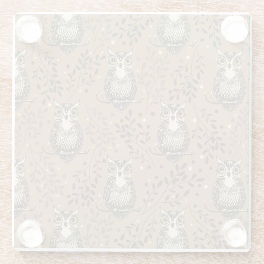 Bruine Uil Geïllustreerd Bospatroon Glazen Onderzetter (Achterkant)