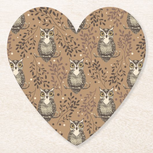 Bruine Uil Geïllustreerd Bospatroon Kartonnen Onderzetters (Voorkant)