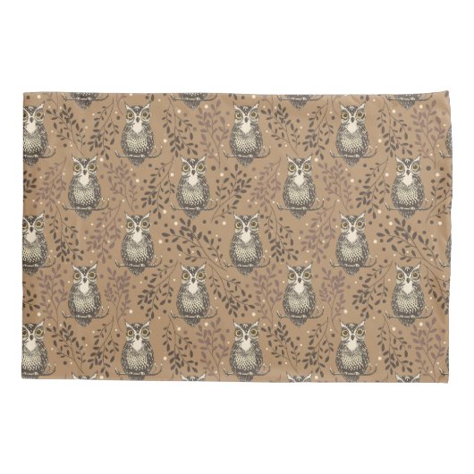 Bruine Uil Geïllustreerd Bospatroon Kussensloop (Achterkant)
