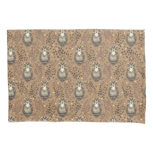 Bruine Uil Geïllustreerd Bospatroon Kussensloop (Voorkant)