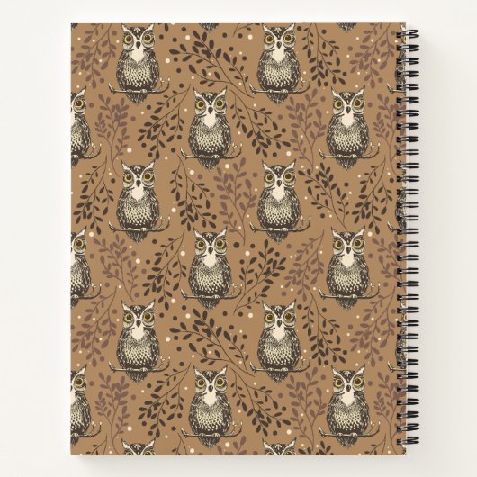 Bruine Uil Geïllustreerd Bospatroon Notitieboek (Achterkant)