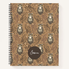 Bruine Uil Geïllustreerd Bospatroon Notitieboek