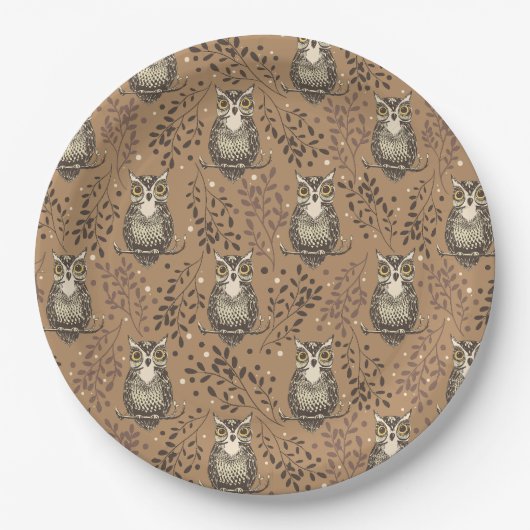 Bruine Uil Geïllustreerd Bospatroon Papieren Bordje (Voorkant)