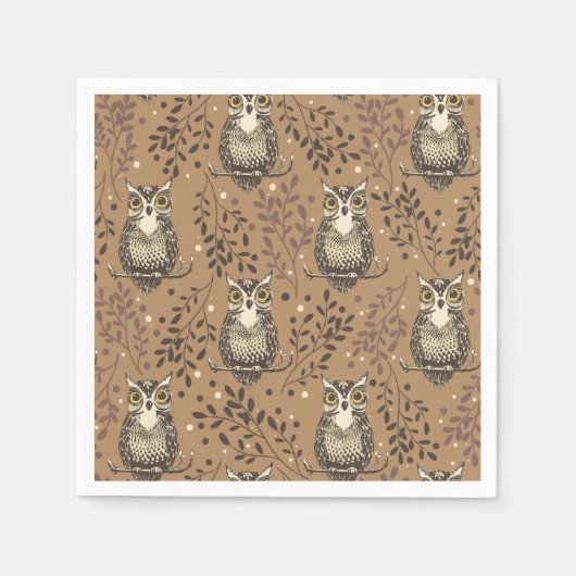 Bruine Uil Geïllustreerd Bospatroon Servet (Voorkant)