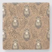 Bruine Uil Geïllustreerd Bospatroon Stenen Onderzetter (Voorkant)