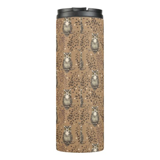 Bruine Uil Geïllustreerd Bospatroon Thermosbeker (Achterkant)