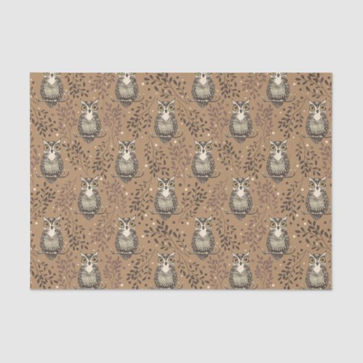 Bruine Uil Geïllustreerd Bospatroon Tissuepapier (Voorkant)