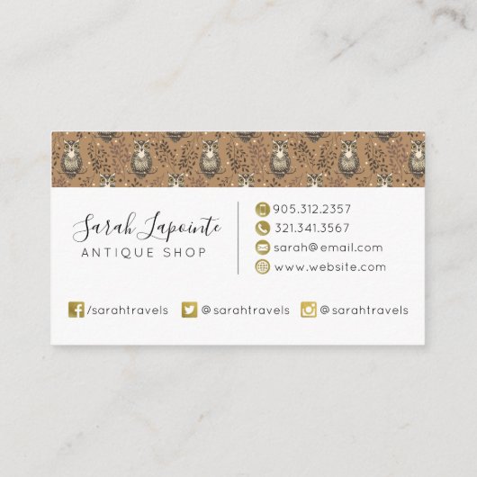 Bruine Uil Geïllustreerd Bospatroon Visitekaartje (Achterkant)