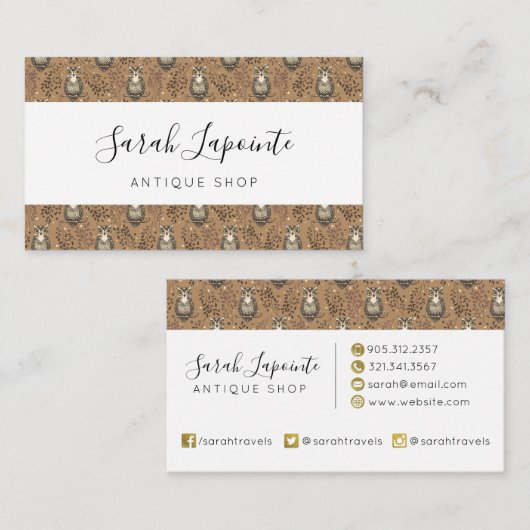 Bruine Uil Geïllustreerd Bospatroon Visitekaartje (Voorkant / Achterkant)