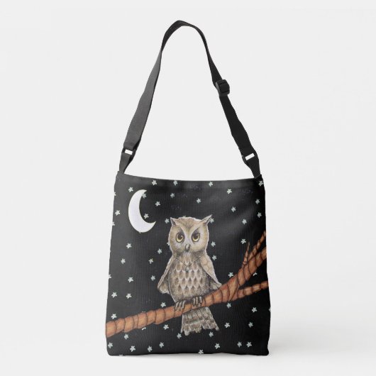 Bruine Uil Gouden Ogen op Tak Maan Sterren Zwart Crossbody Tas (Achterkant)