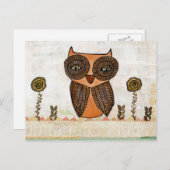 Bruine Uil Kant en bloemen Mixed Media Art Briefkaart (Voorkant / Achterkant)