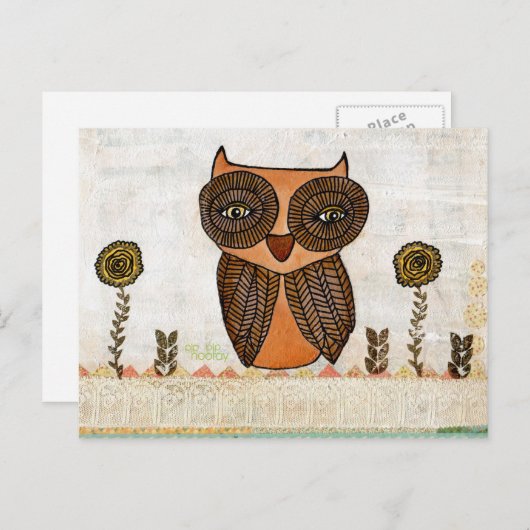 Bruine Uil Kant en bloemen Mixed Media Art Briefkaart (Voorkant / Achterkant)