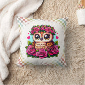 Bruine uil met roze roos krans kussen (Deken)