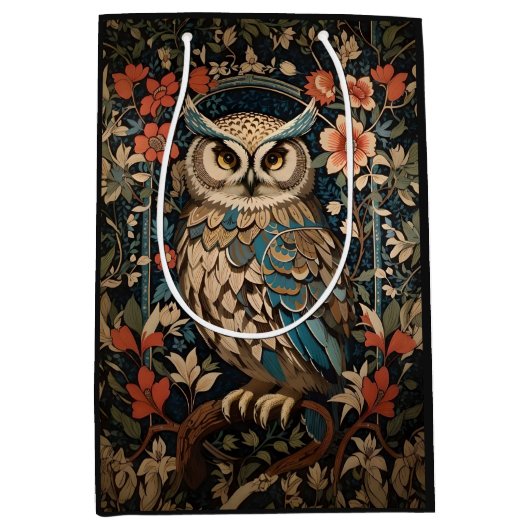 bruine uil William Morris geïnspireerd Floral Medium Cadeauzakje (Voorkant)