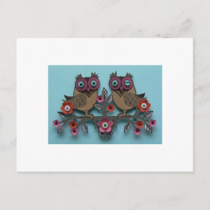 bruine uilen met bloemen briefkaart