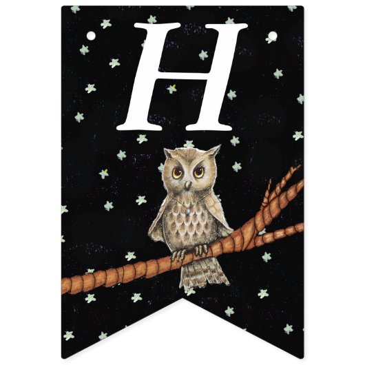 Bruine Verjaardag Uil op Branch Ketting Stars Vlaggetjes (Eerste vlag)