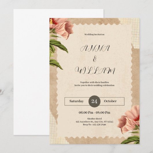 Bruine Vintage bruiloft uitnodiging (Voorkant / Achterkant)