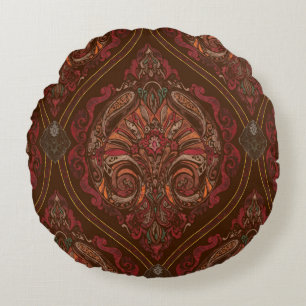 Bruine vintage paisley mandala-worpkussen - Boho Rond Kussen
