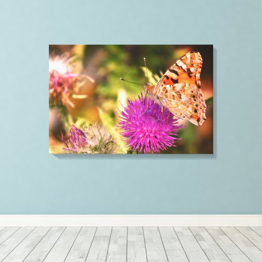 Bruine vlinder roze doorn foto canvas Print (Insitu (Houten vloer))