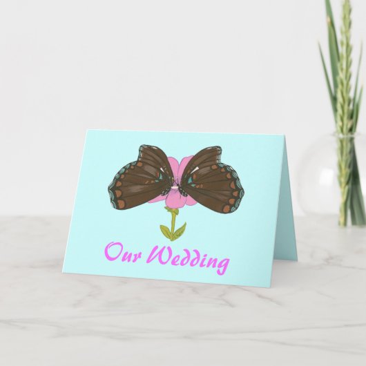 Bruine vlinders op roze bloem, bruiloft uitnodigt (Voorkant)