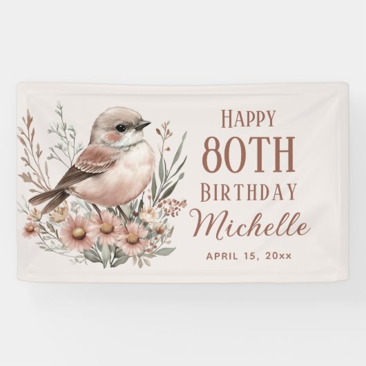 Bruine Vogel 80e Verjaardag Gelukkig Spandoek (Horizontaal)