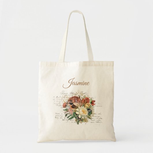 Bruine vogelbloemen Naam Canvas tas (Voorkant)