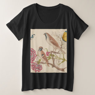 Bruine vogels met anjers en vlinders grote maat t-shirt