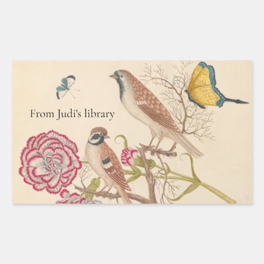 Bruine vogels met anjers en vlinders rechthoekige sticker (Voorkant)