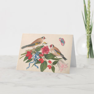 Bruine vogels met bloemen en vlinder feestdagen kaart